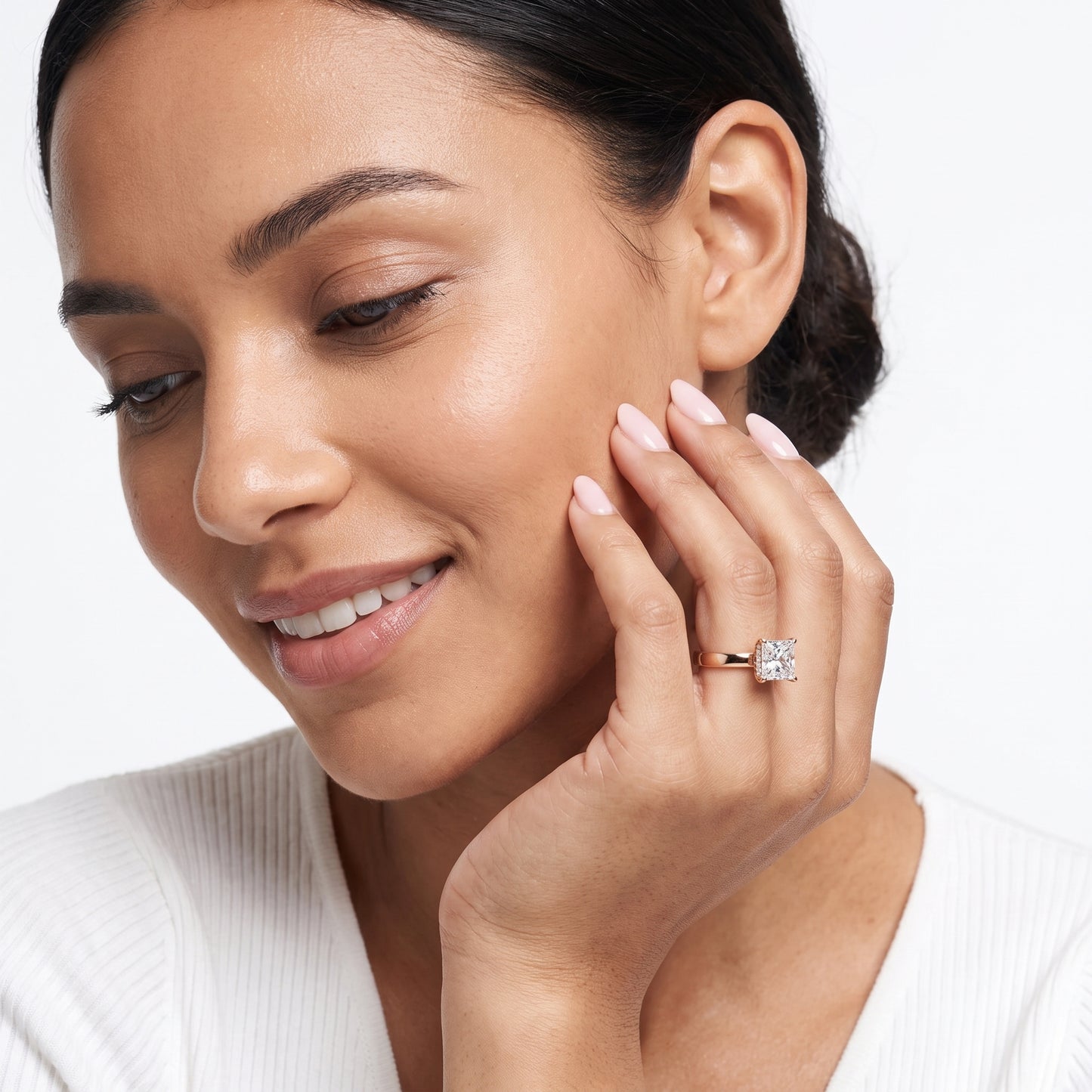 Lara Hidden Halo Princess Diamond Engagement Ring in Rose Gold - model.jpg