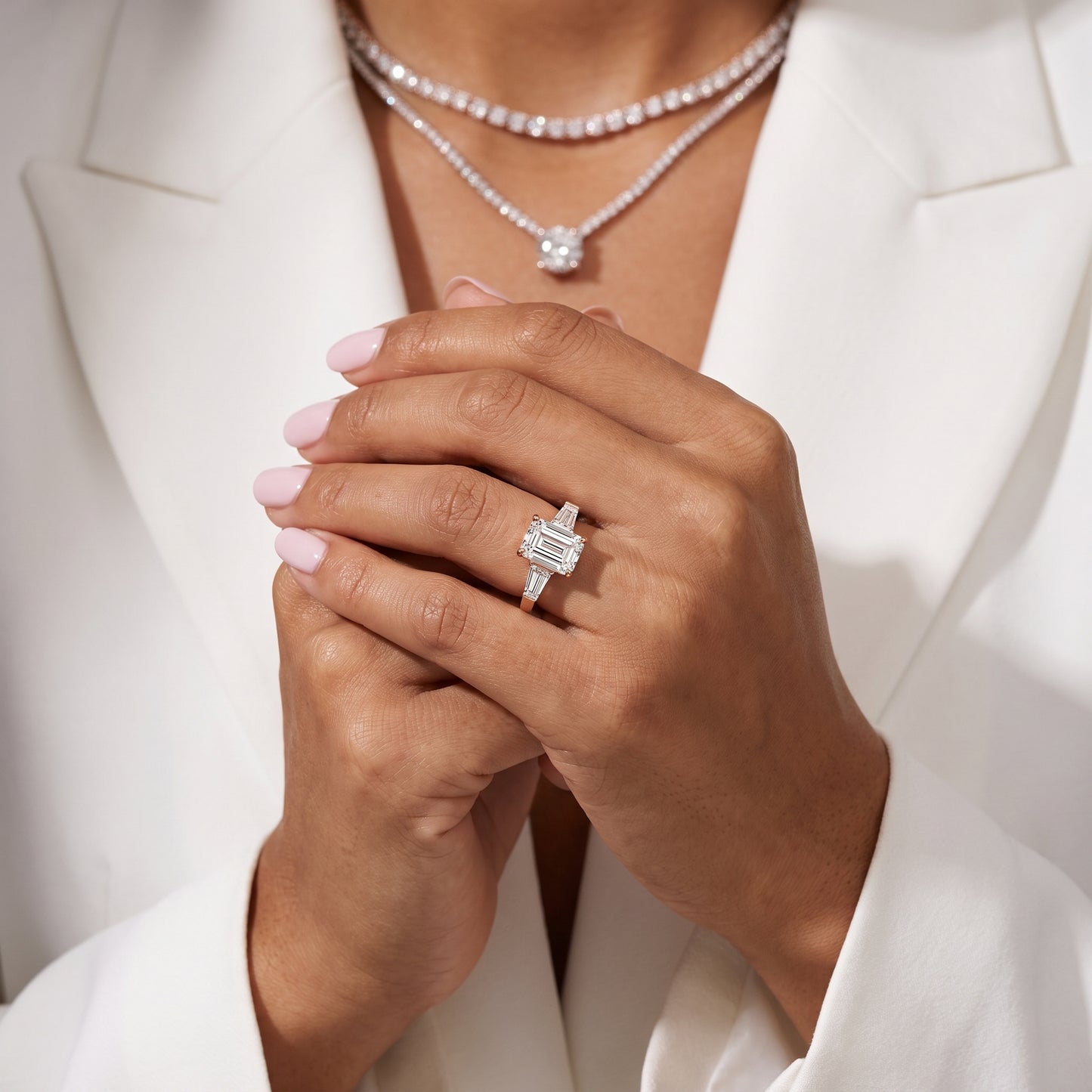Zelda Tapered Baguette Emerald Diamond Engagement Ring in Rose Gold - model.jpg