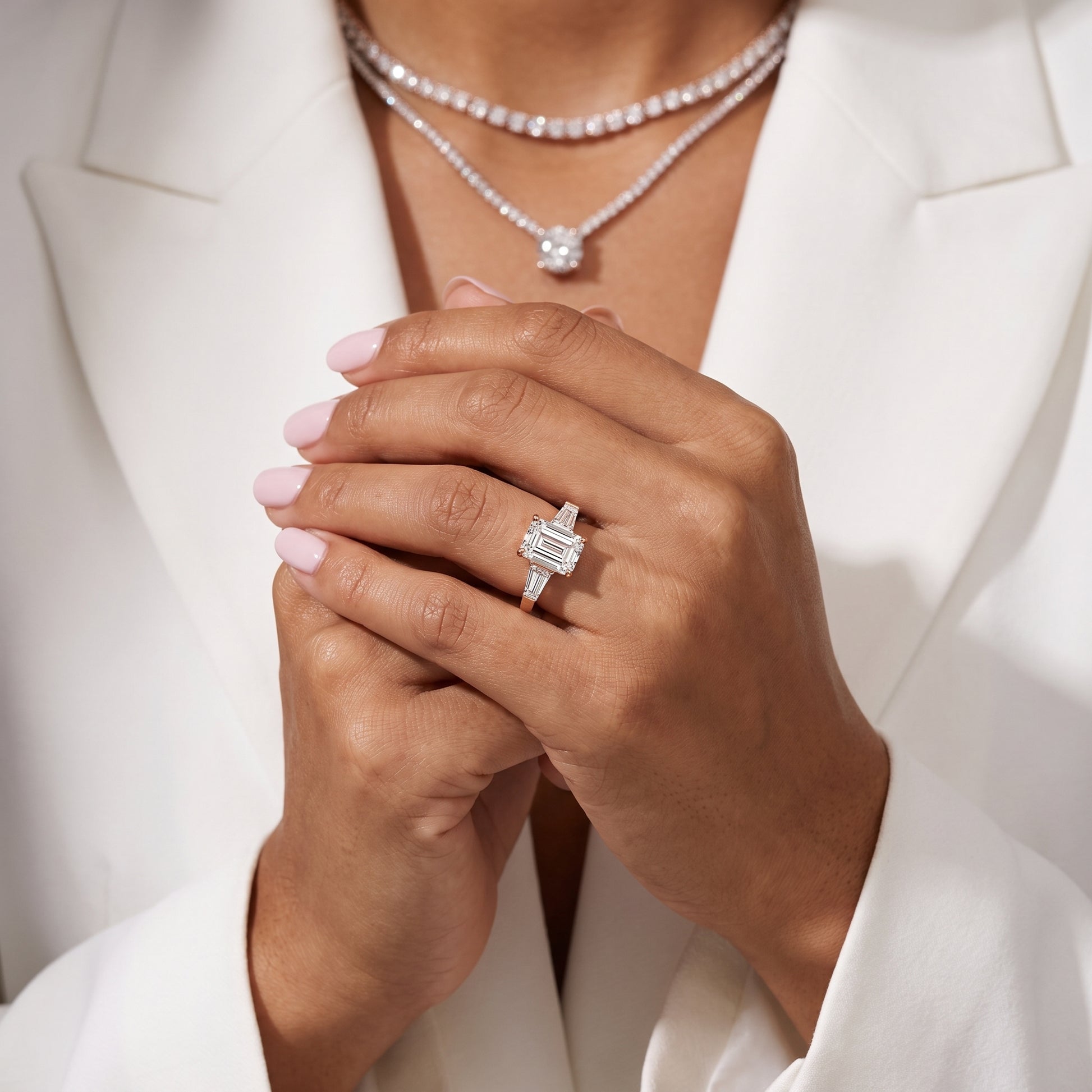 Zelda Tapered Baguette Emerald Diamond Engagement Ring in Rose Gold - model.jpg
