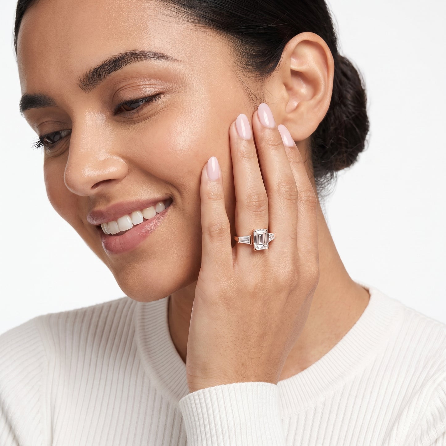 Layla Tapered Baguette Emerald Diamond Ring in Rose Gold - model.jpg