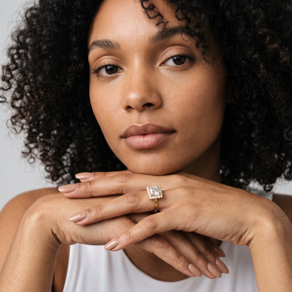 Rae Floral Halo Princess Diamond Engagement Ring in Rose Gold - model.jpg