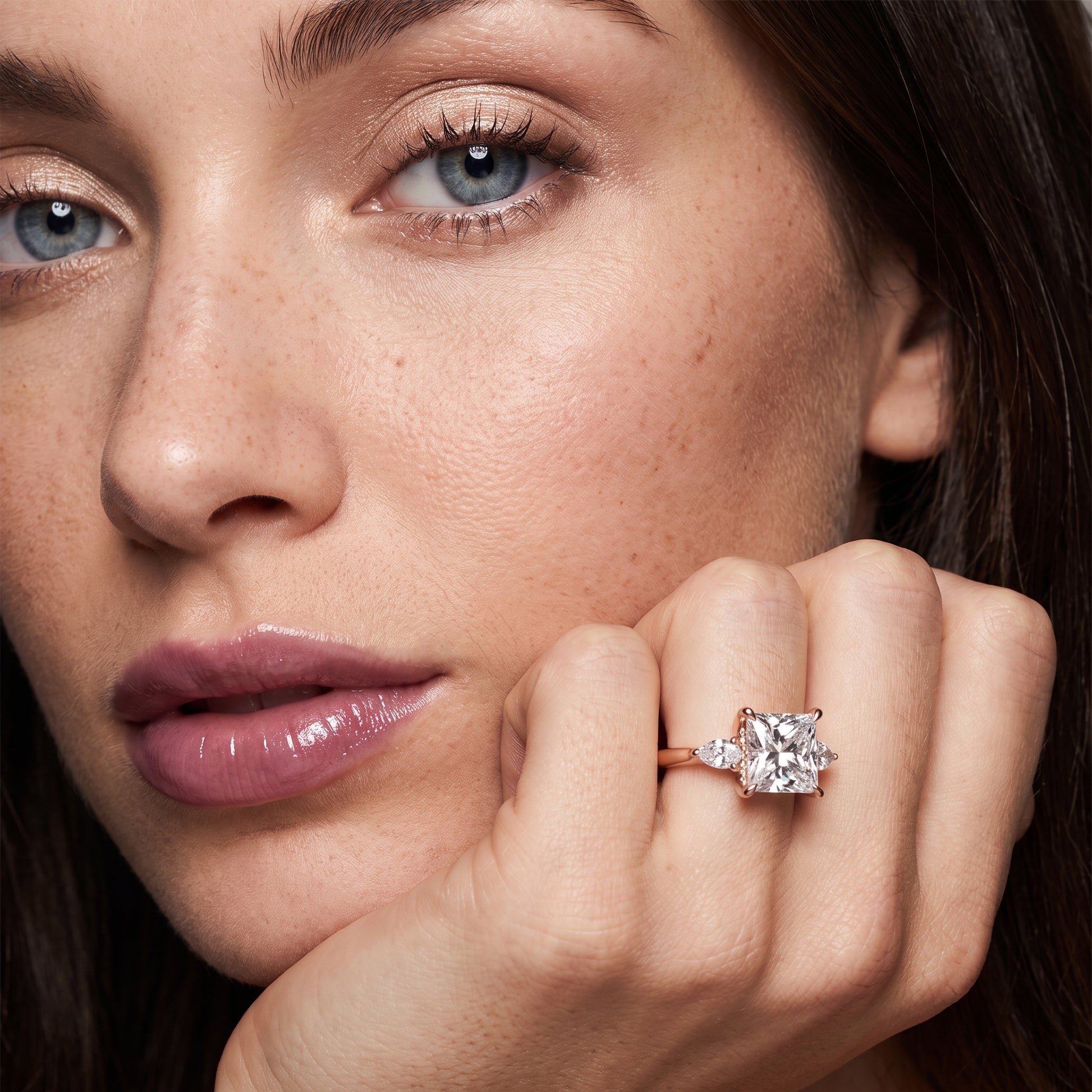 Leila Three-Stone Princess Diamond Engagement Ring in Rose Gold - model.jpg