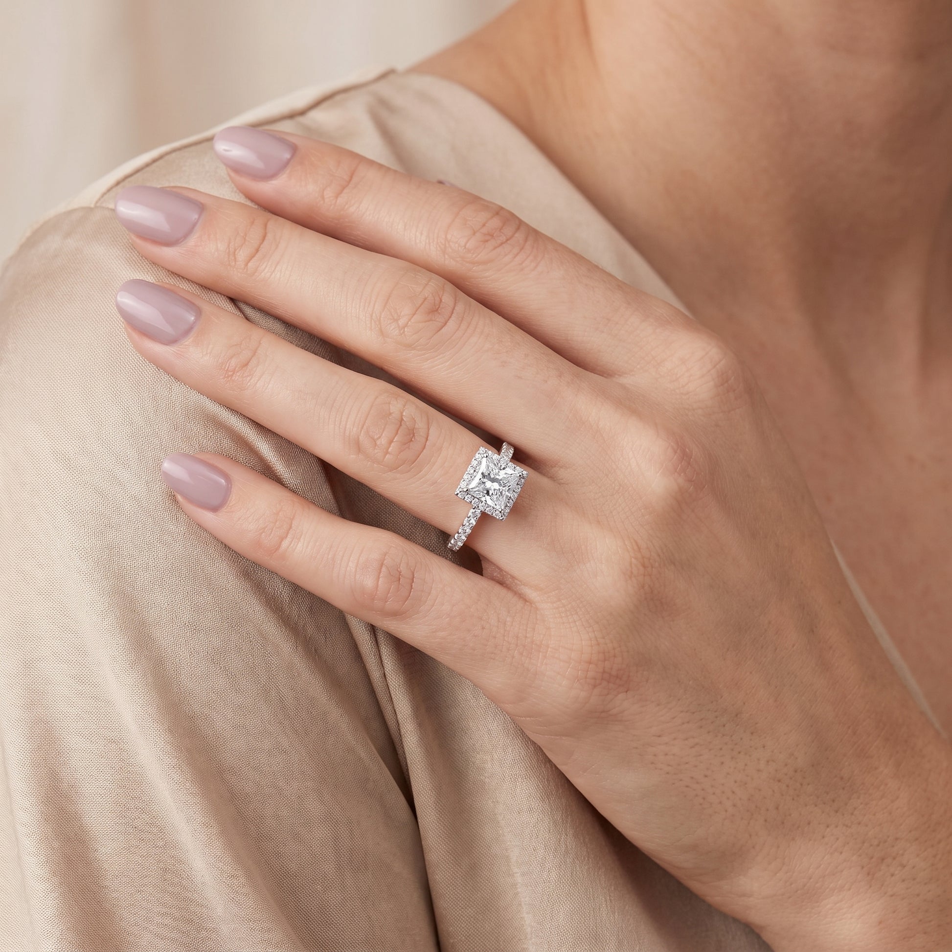 Chloe Halo Pavé Princess Diamond Ring in Silver - model.jpg
