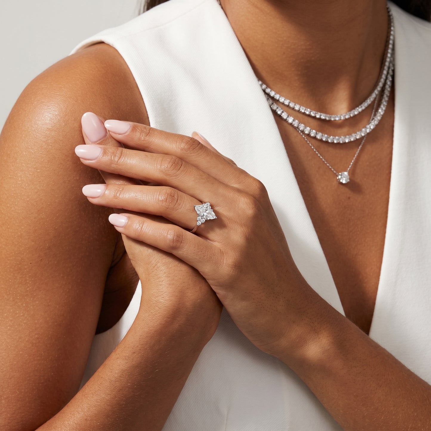 Anya Sidestone Cluster Marquise Diamond Ring in White Gold - model.jpg