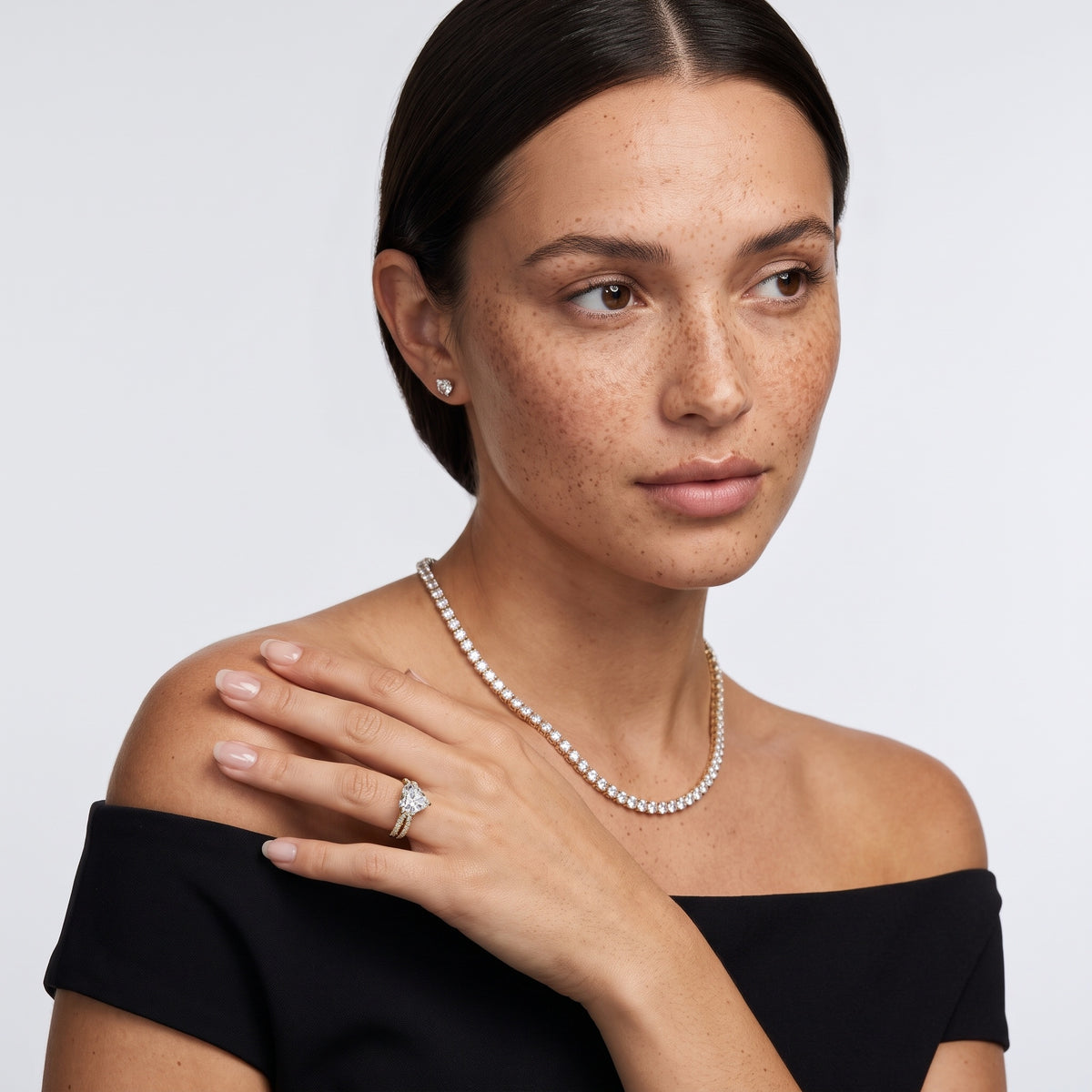 Ottilie Split Shank Pavé Heart Diamond Engagement Ring in Platinum - model.jpg