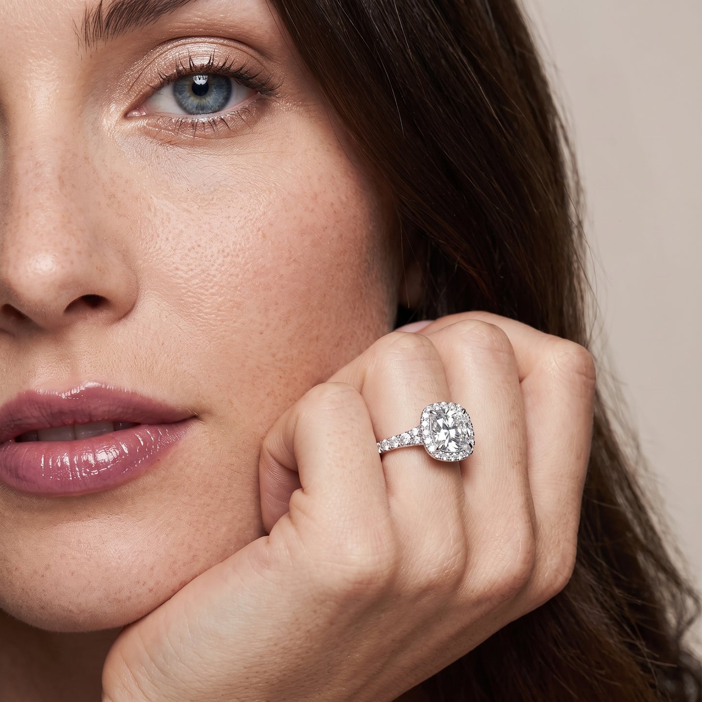 Bella Halo Pavé Cushion Diamond Engagement Ring in White Gold - model.jpg