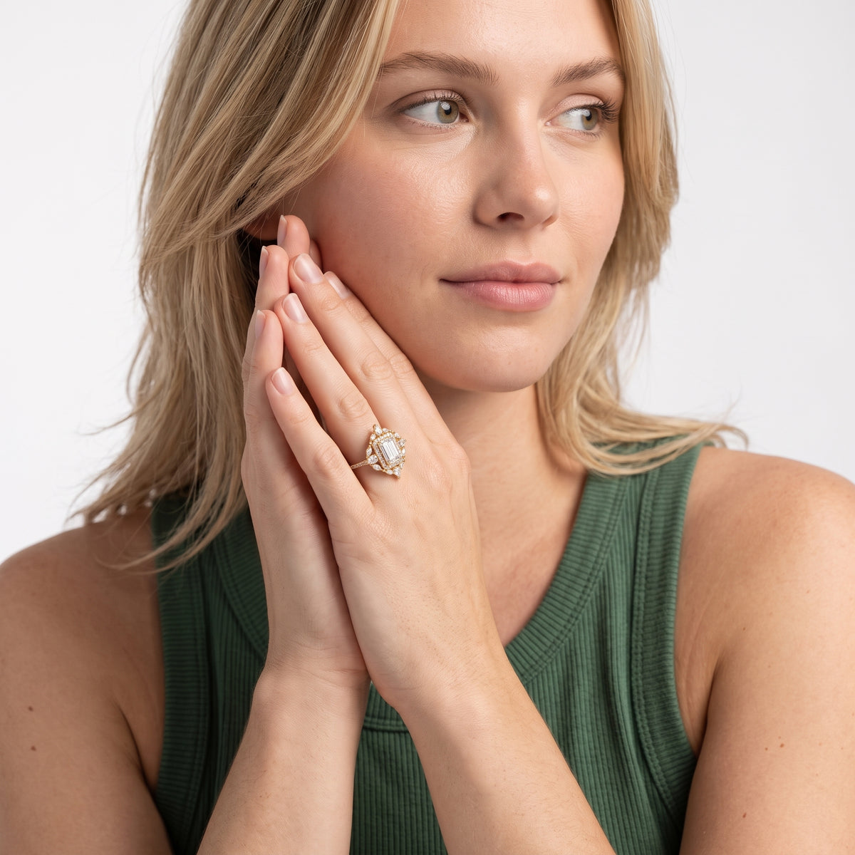 Gianna Vintage Double Halo Emerald Diamond Engagement Ring in Silver - model.jpg