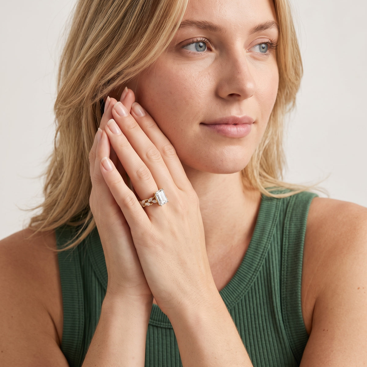 Mirella Laurel Emerald Diamond Engagement Ring in Silver - model.jpg