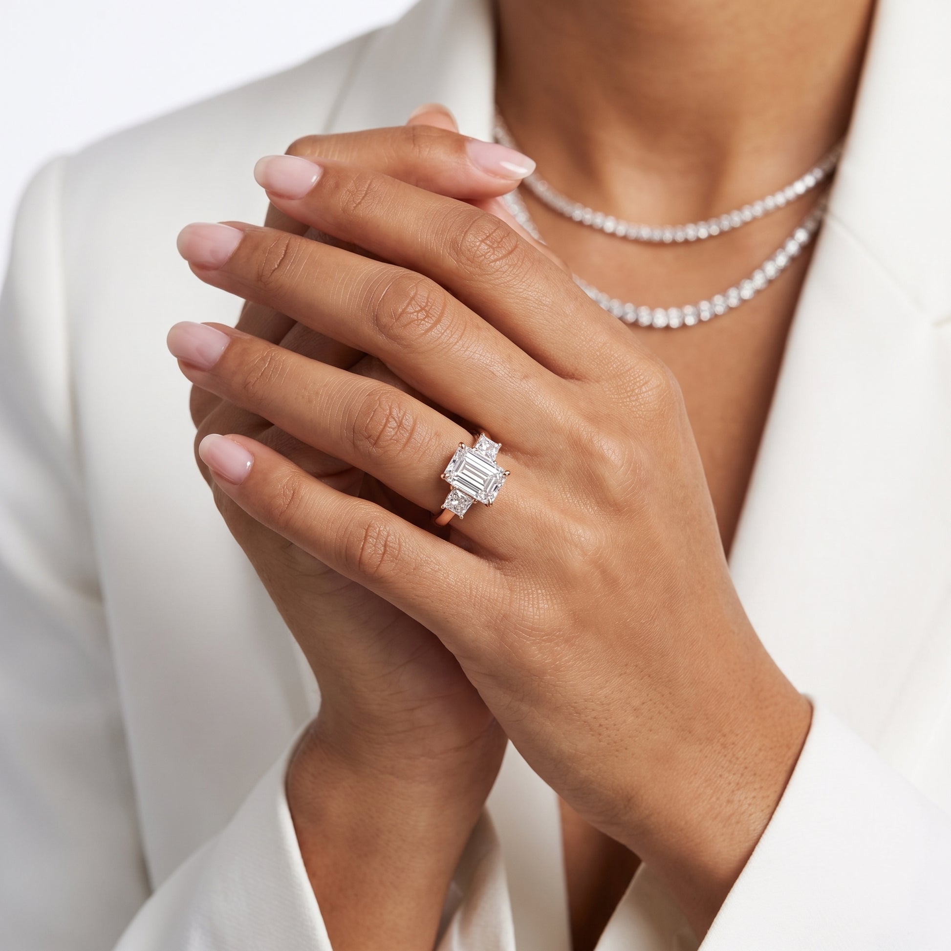Selena Three-Stone Basket Emerald Diamond Ring in Rose Gold - model.jpg