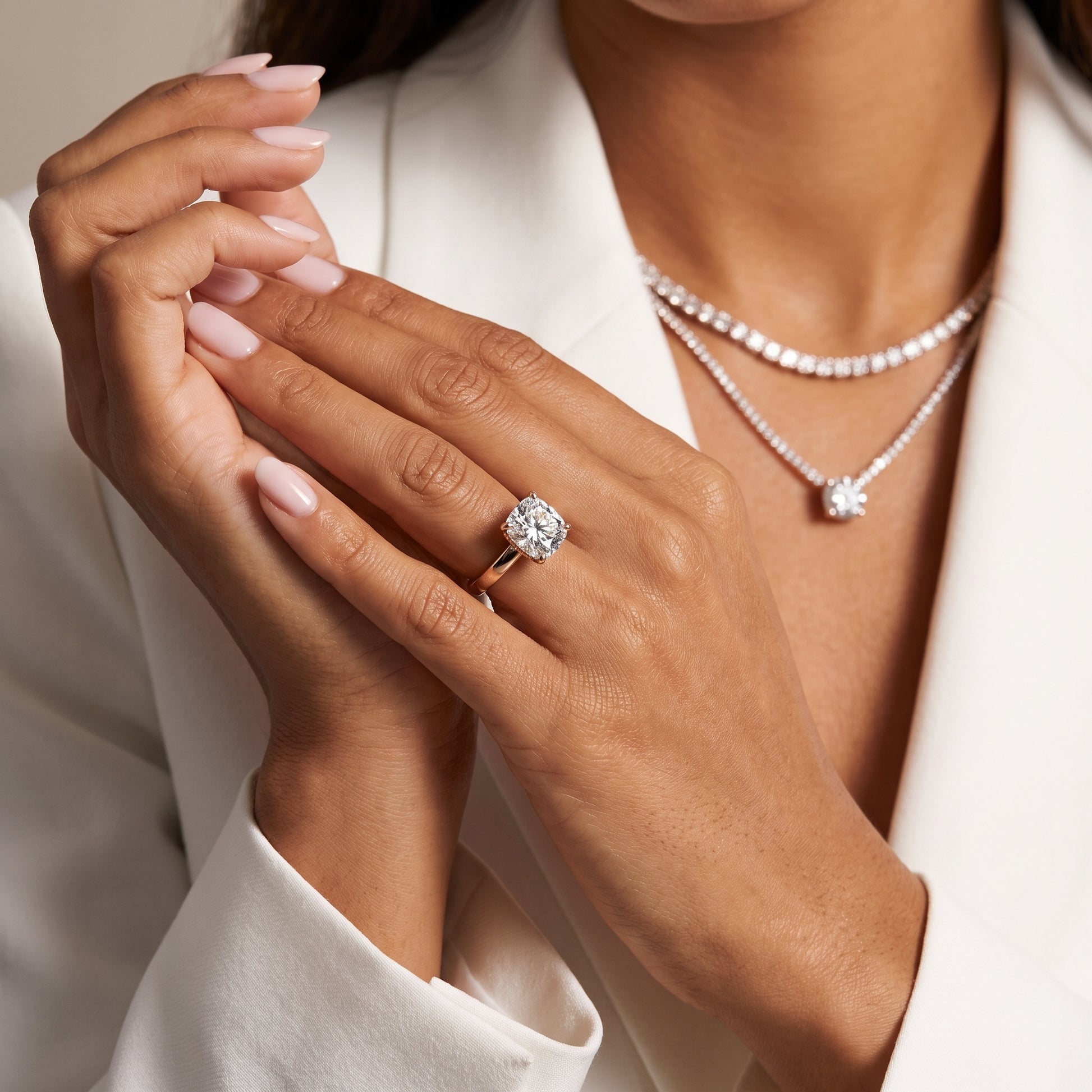 Lara Hidden Halo Cushion Diamond Engagement Ring in Rose Gold - model.jpg