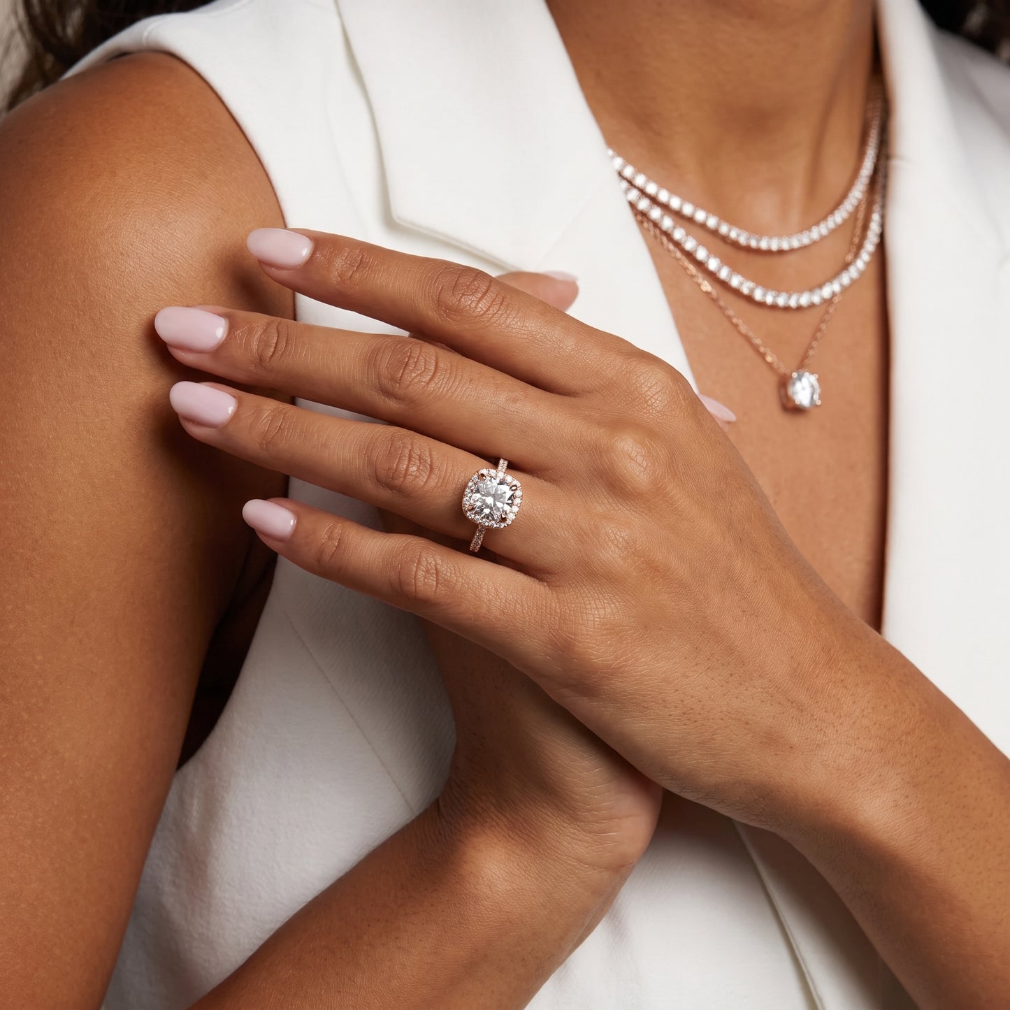 Amara Halo Claw Prong Cushion Diamond Ring in Rose Gold - model.jpg