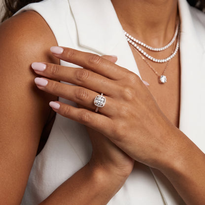 Amara Halo Claw Prong Cushion Diamond Ring in Rose Gold - model.jpg