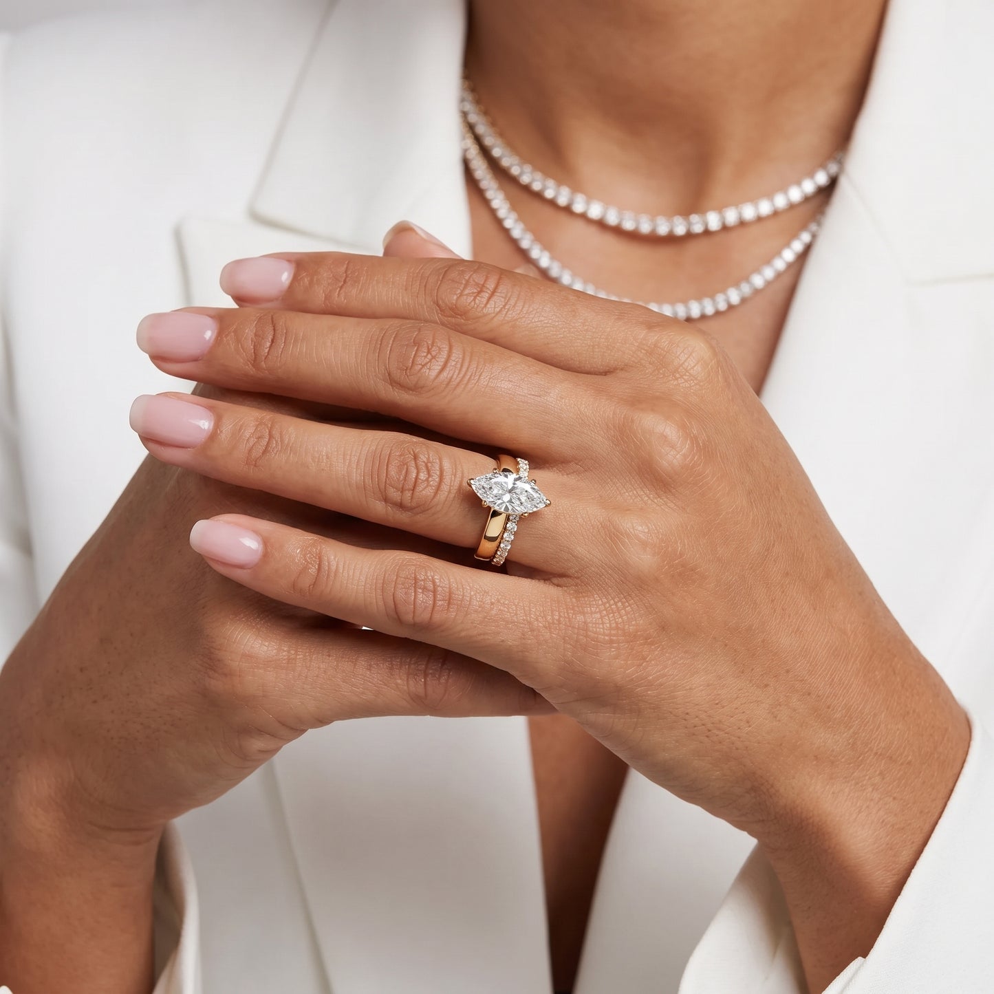 Veda Split Shank Pavé Marquise Diamond Engagement Ring in Yellow Gold - model.jpg