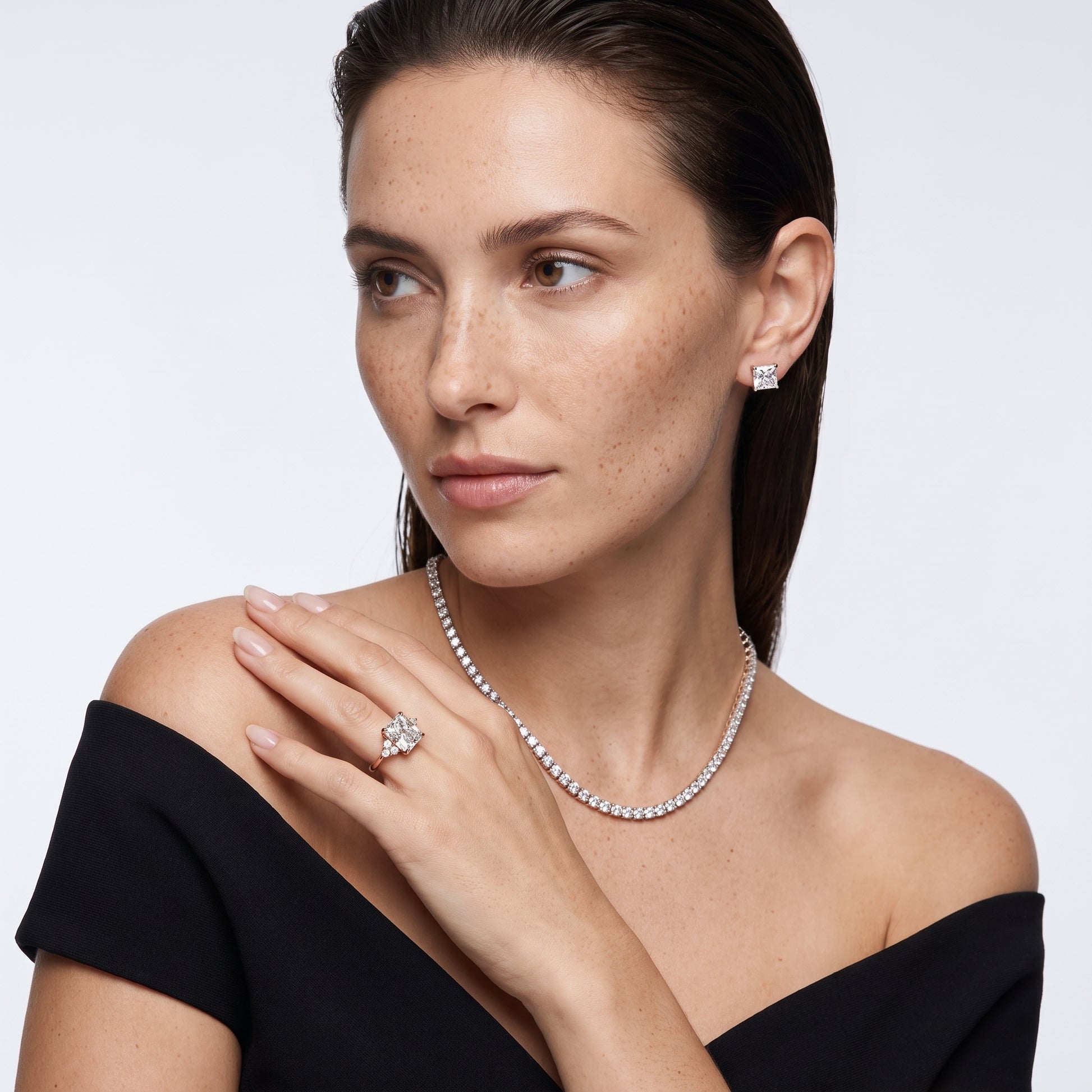 Anya Sidestone Cluster Radiant Diamond Ring in Rose Gold - model.jpg