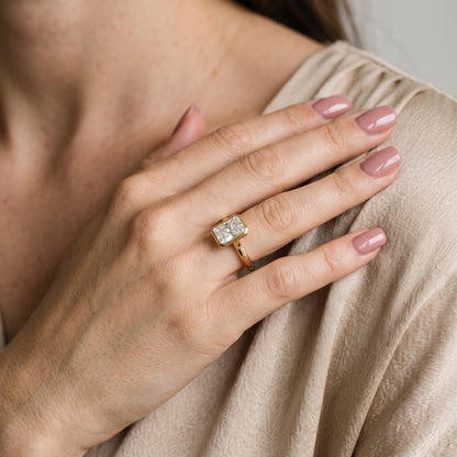 Jolie Bezel Solitaire Radiant Diamond Engagement Ring in Yellow Gold - model.jpg