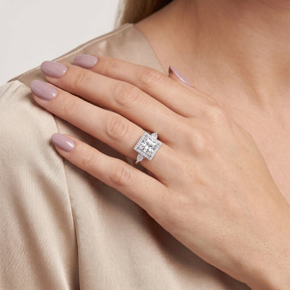 Eliza Halo Sidestone Princess Diamond Engagement Ring in Platinum - model.jpg