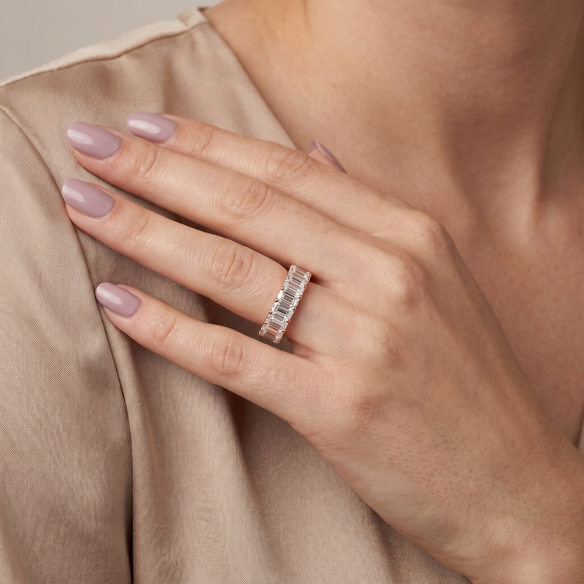 Adelaide Shared Prong Emerald Diamond Eternity Band in Rose Gold - model.jpg
