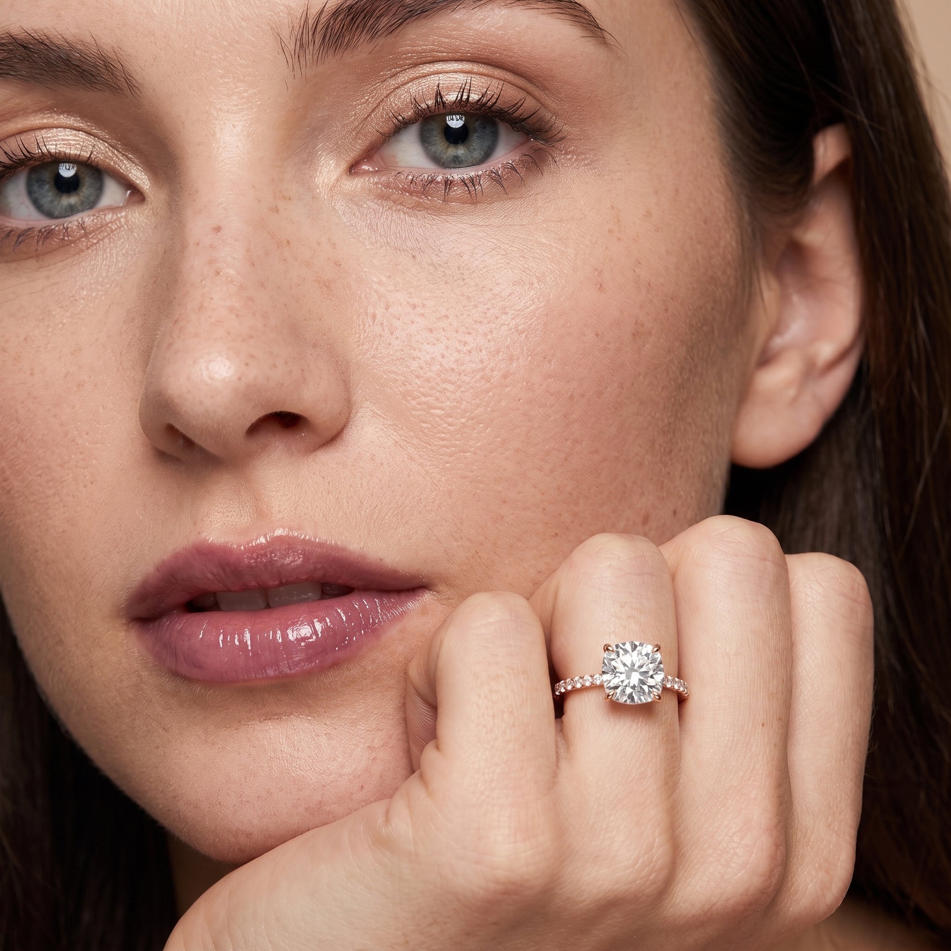 Ione Solitaire Pavé Cushion Diamond Engagement Ring in Rose Gold - model.jpg