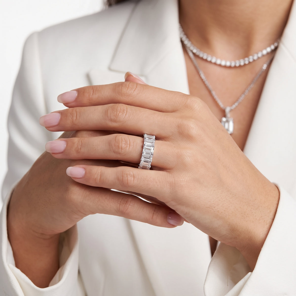 Zaya Shared Prong Emerald Diamond Eternity Band in White Gold - model.jpg