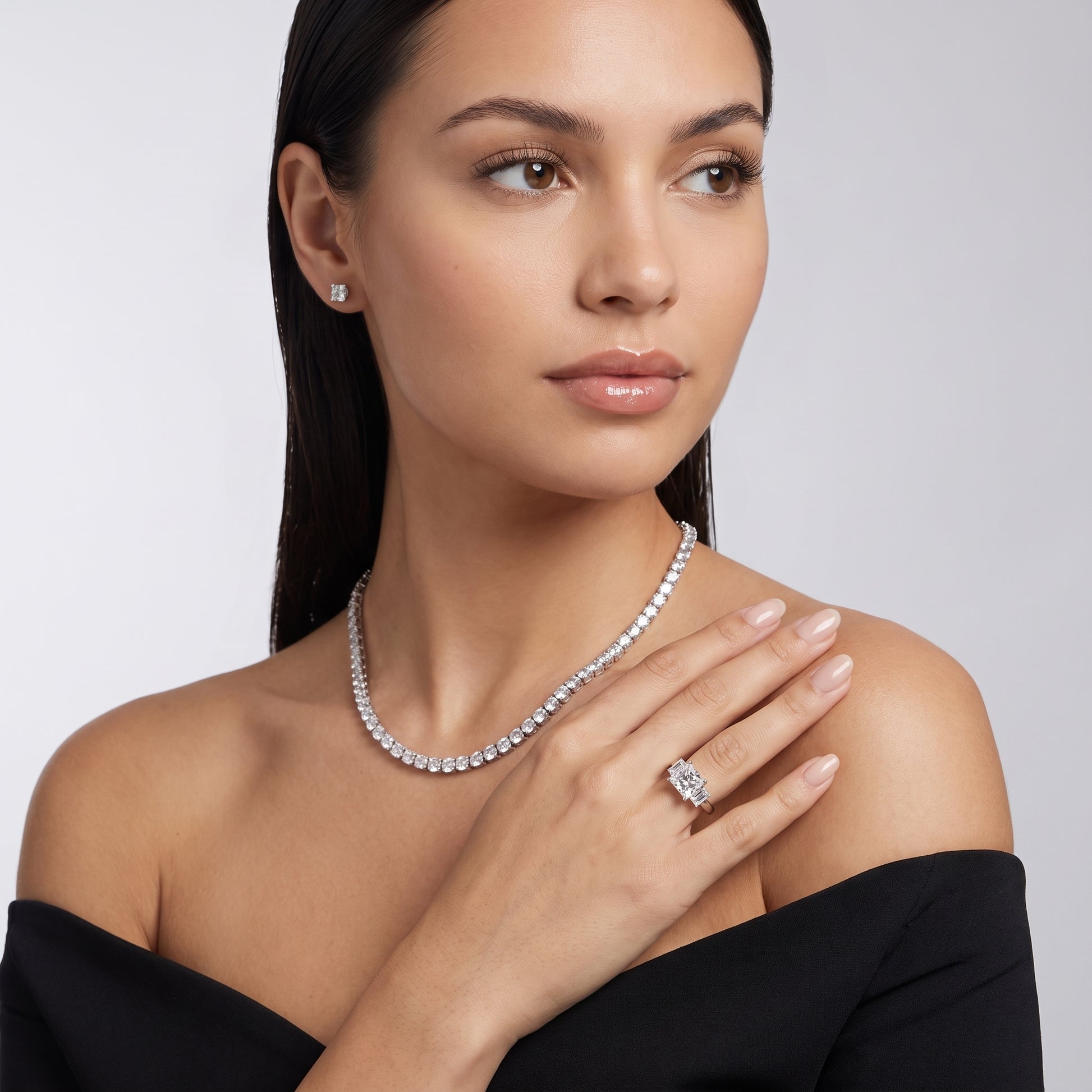Zoe Three-Stone Princess Diamond Ring in Silver - model.jpg