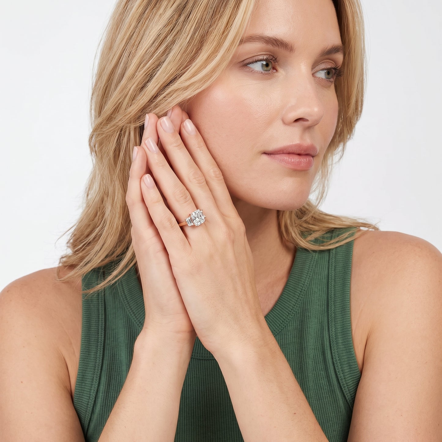 Zoe Three-Stone Radiant Diamond Ring in Rose Gold - model.jpg