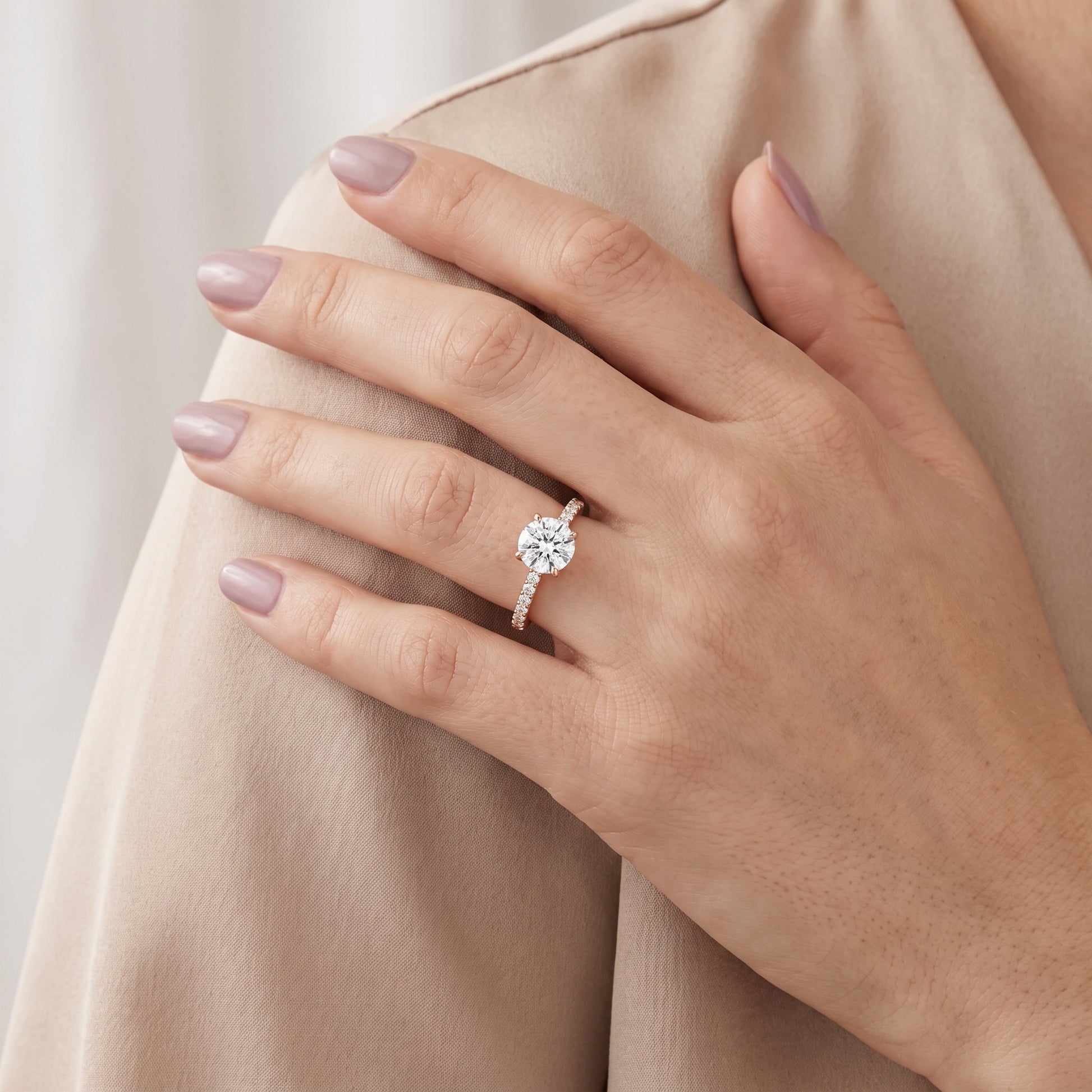 Aisha Pavé Solitaire Round Diamond Engagement Ring in Rose Gold - model.jpg
