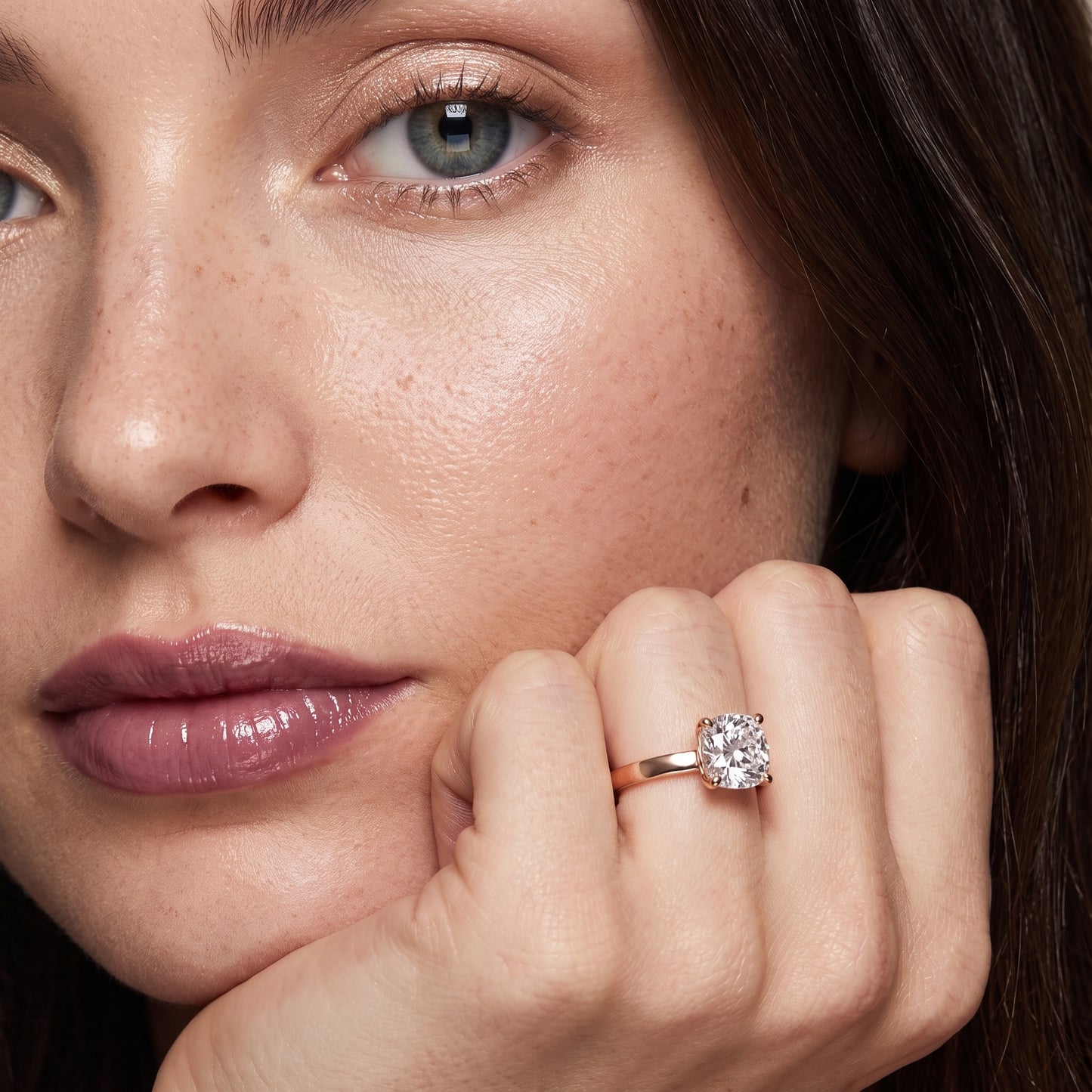 Delia Solitaire Cushion Diamond Engagement Ring in Rose Gold - model.jpg