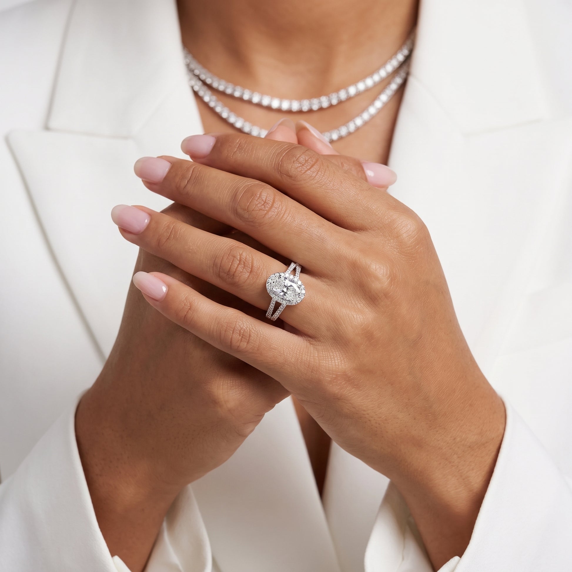 Kira Halo Split Shank Oval Diamond Engagement Ring in Silver - model.jpg