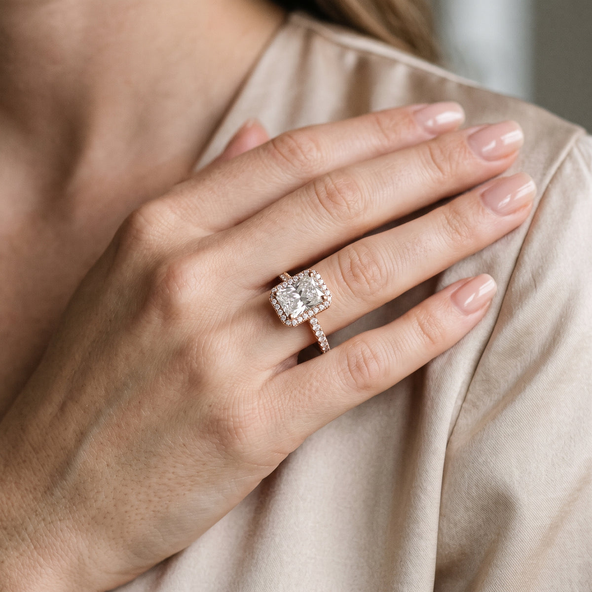 Sophie Halo Pavé Radiant Diamond Engagement Ring in Rose Gold - model.jpg