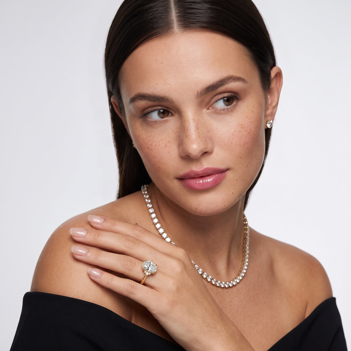 Paola Milgrain Pavé Oval Diamond Engagement Ring in Rose Gold - model.jpg