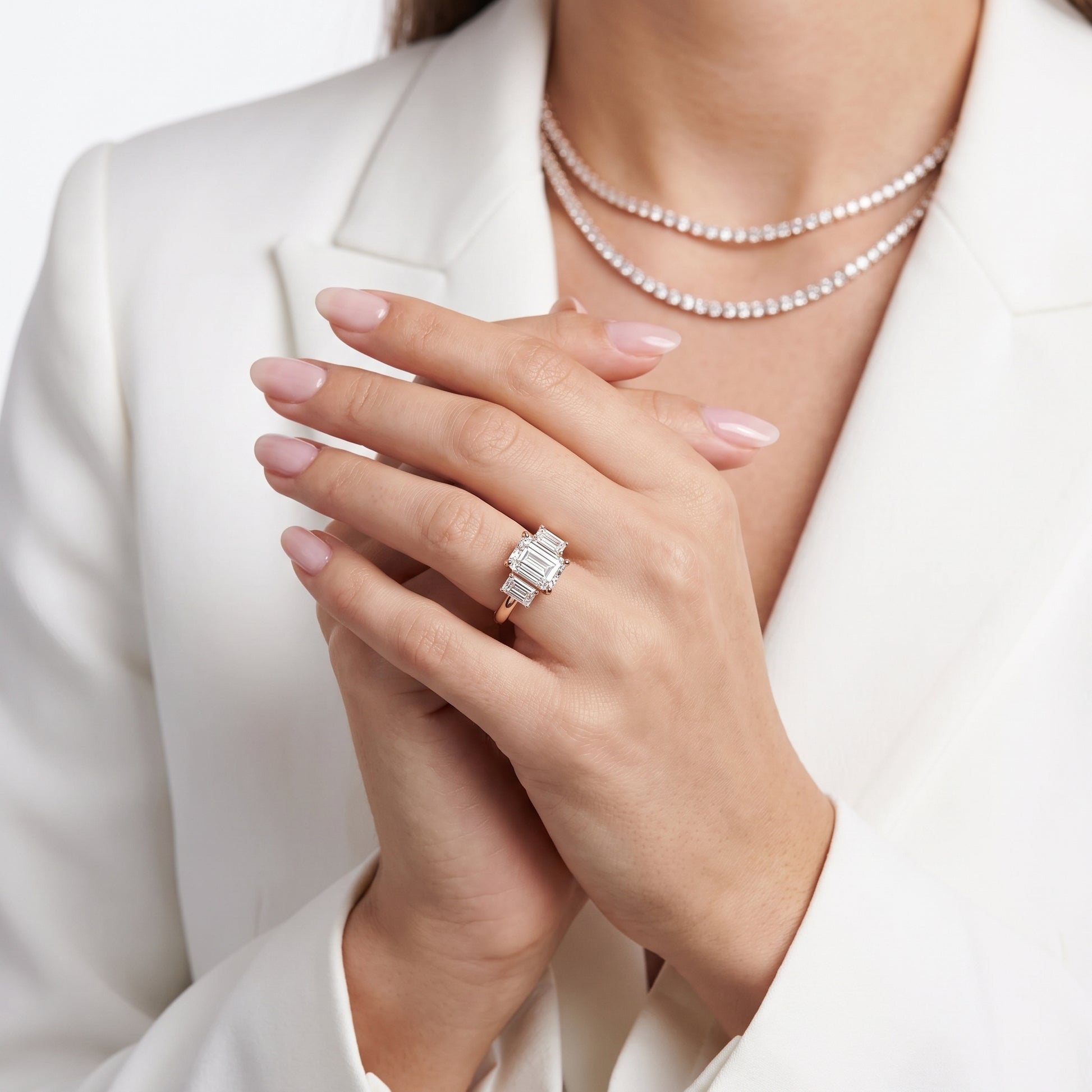 Zoe Three-Stone Emerald Diamond Ring in Rose Gold - model.jpg
