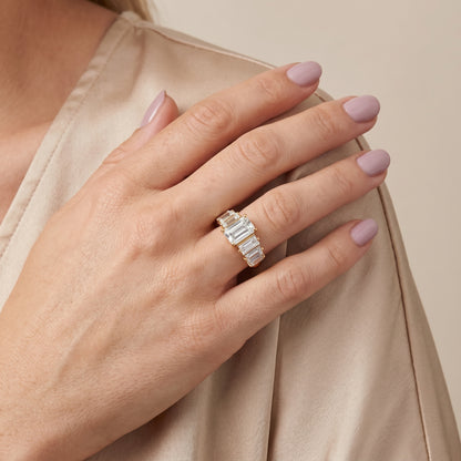 Mara Sidestone Baguette Accent Emerald Diamond Engagement Ring in Yellow Gold - model.jpg