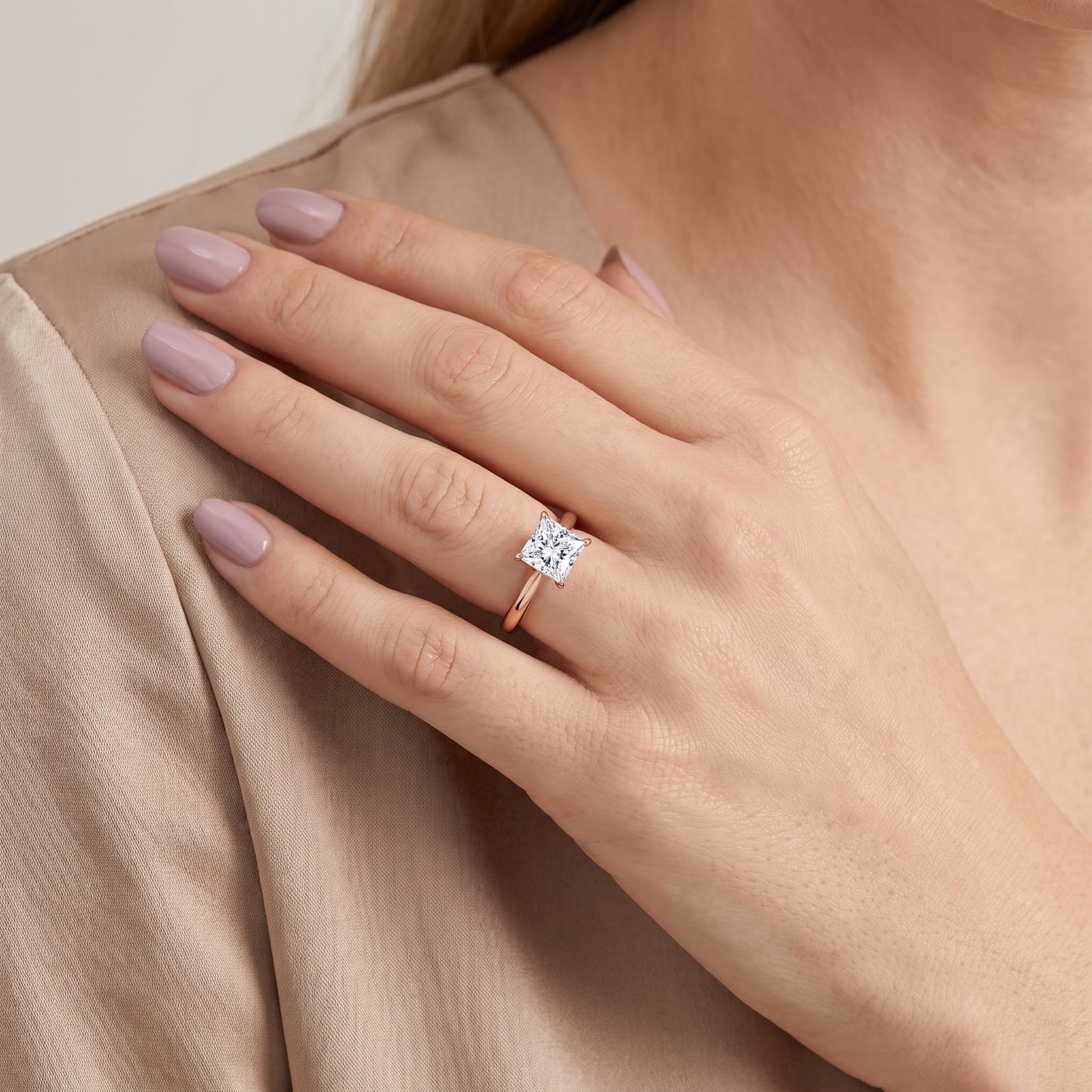 Evie Solitaire Six-Prong Princess Diamond Engagement Ring in Rose Gold - model.jpg