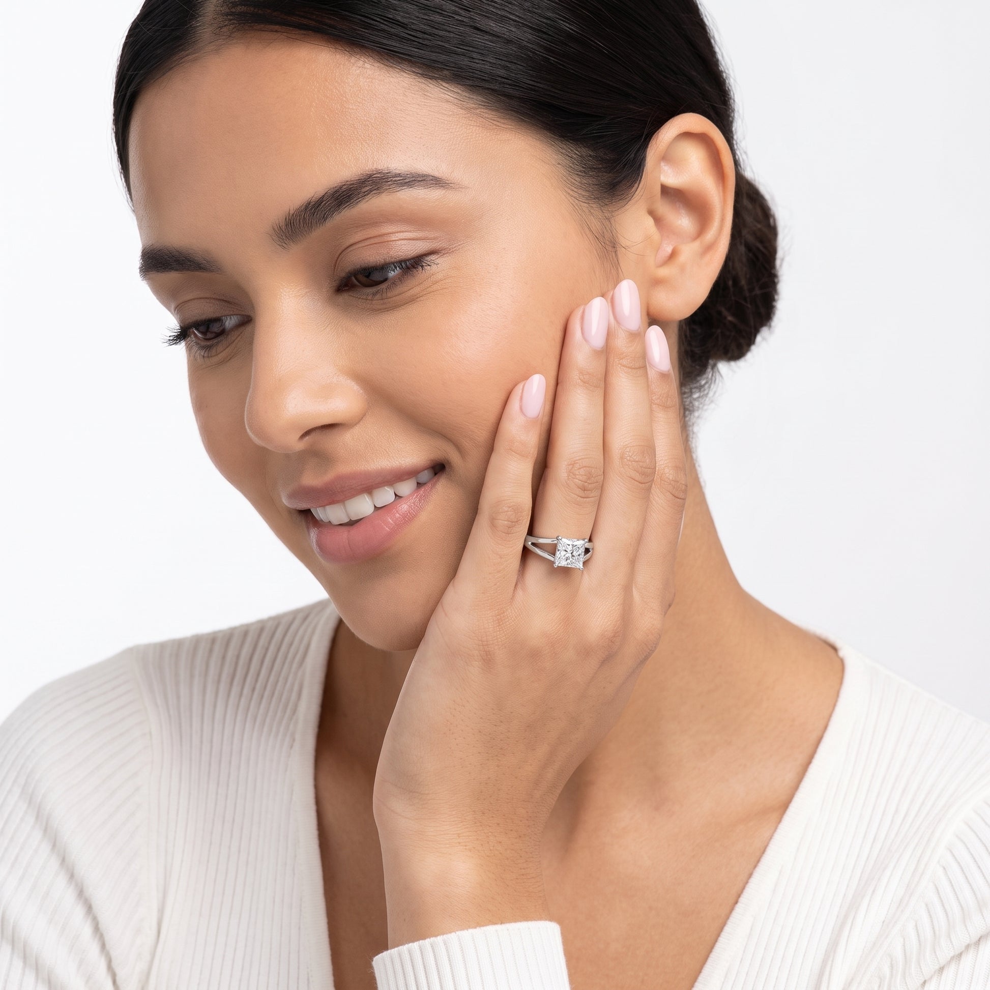 Giselle Solitaire Split Shank Princess Diamond Engagement Ring in Platinum - model.jpg