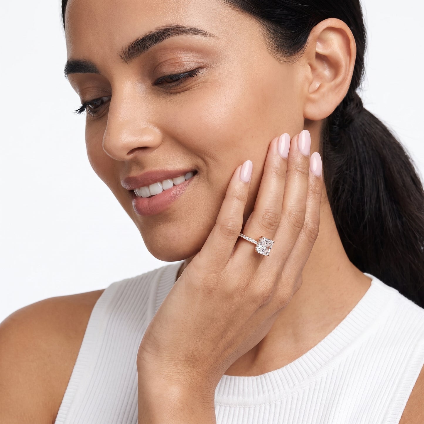 Thea Hidden Halo Pavé Radiant Diamond Engagement Ring in Rose Gold - model.jpg