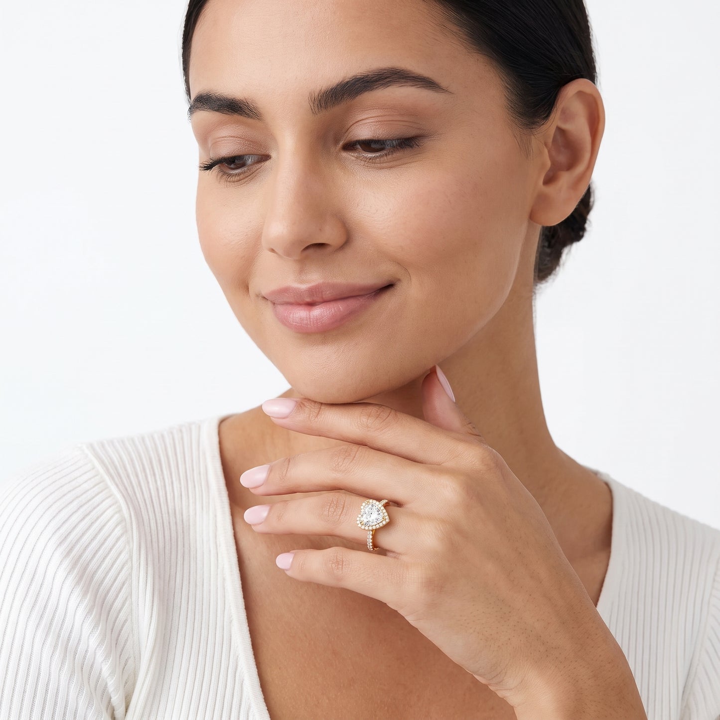 Sophie Halo Pavé Heart Diamond Ring in Yellow Gold - model.jpg