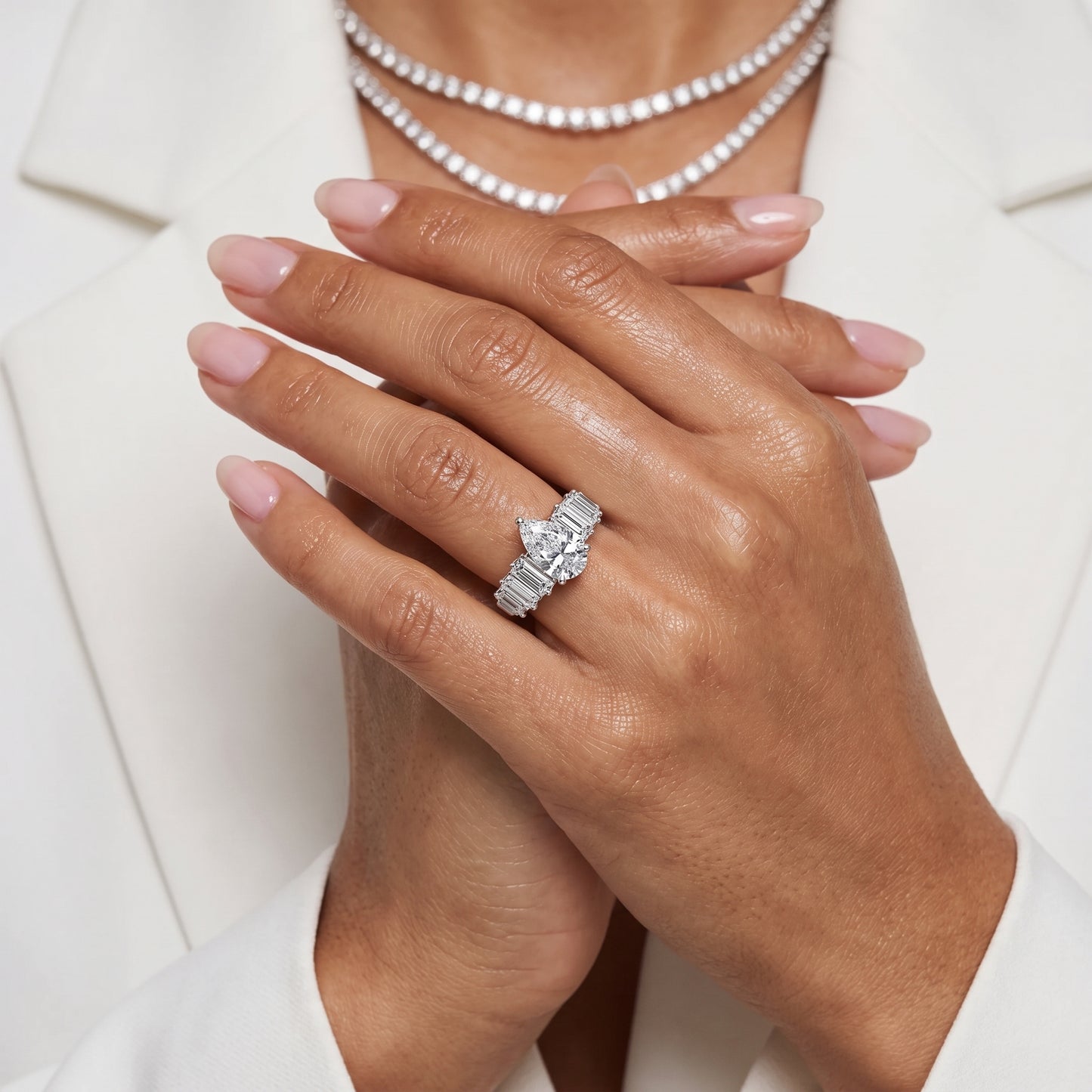 Mara Sidestone Baguette Accent Pear Diamond Engagement Ring in Silver - model.jpg