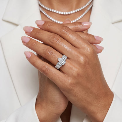 Mara Sidestone Baguette Accent Pear Diamond Engagement Ring in Silver - model.jpg