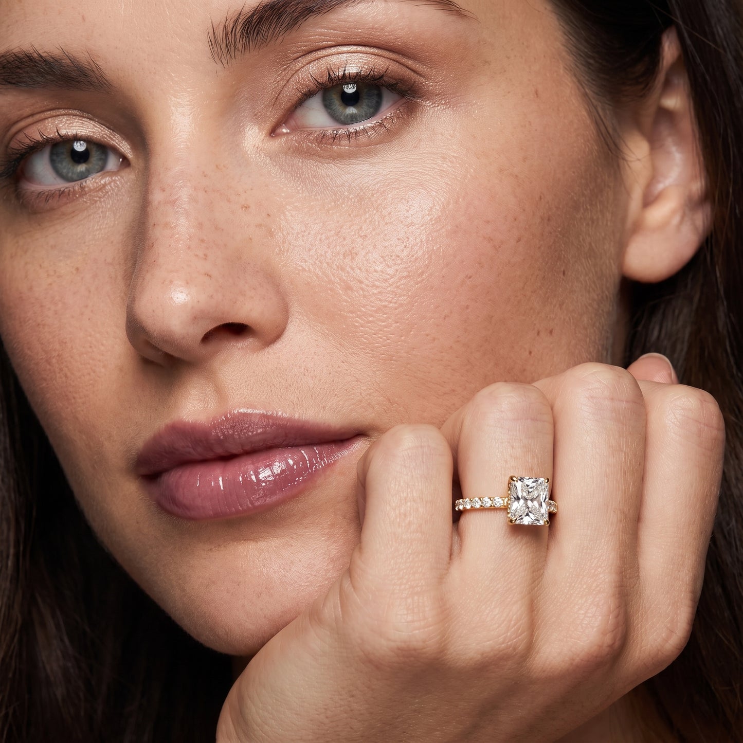Thea Hidden Halo Pavé Radiant Diamond Engagement Ring in Yellow Gold - model.jpg