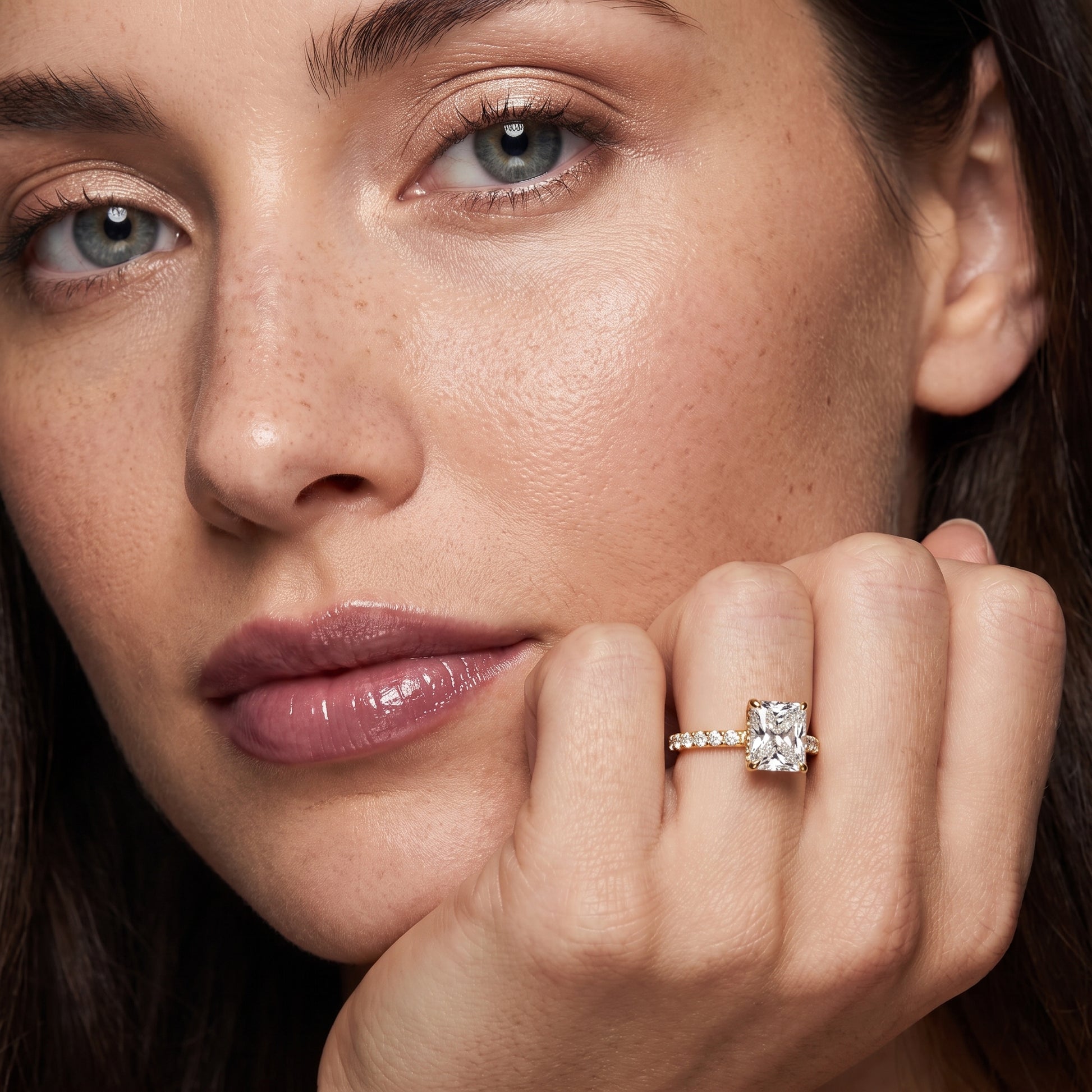 Thea Hidden Halo Pavé Radiant Diamond Engagement Ring in Yellow Gold - model.jpg