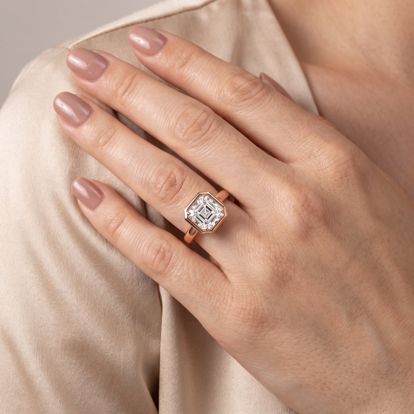 Alina Bezel Solitaire Asscher Diamond Ring in Rose Gold - model.jpg