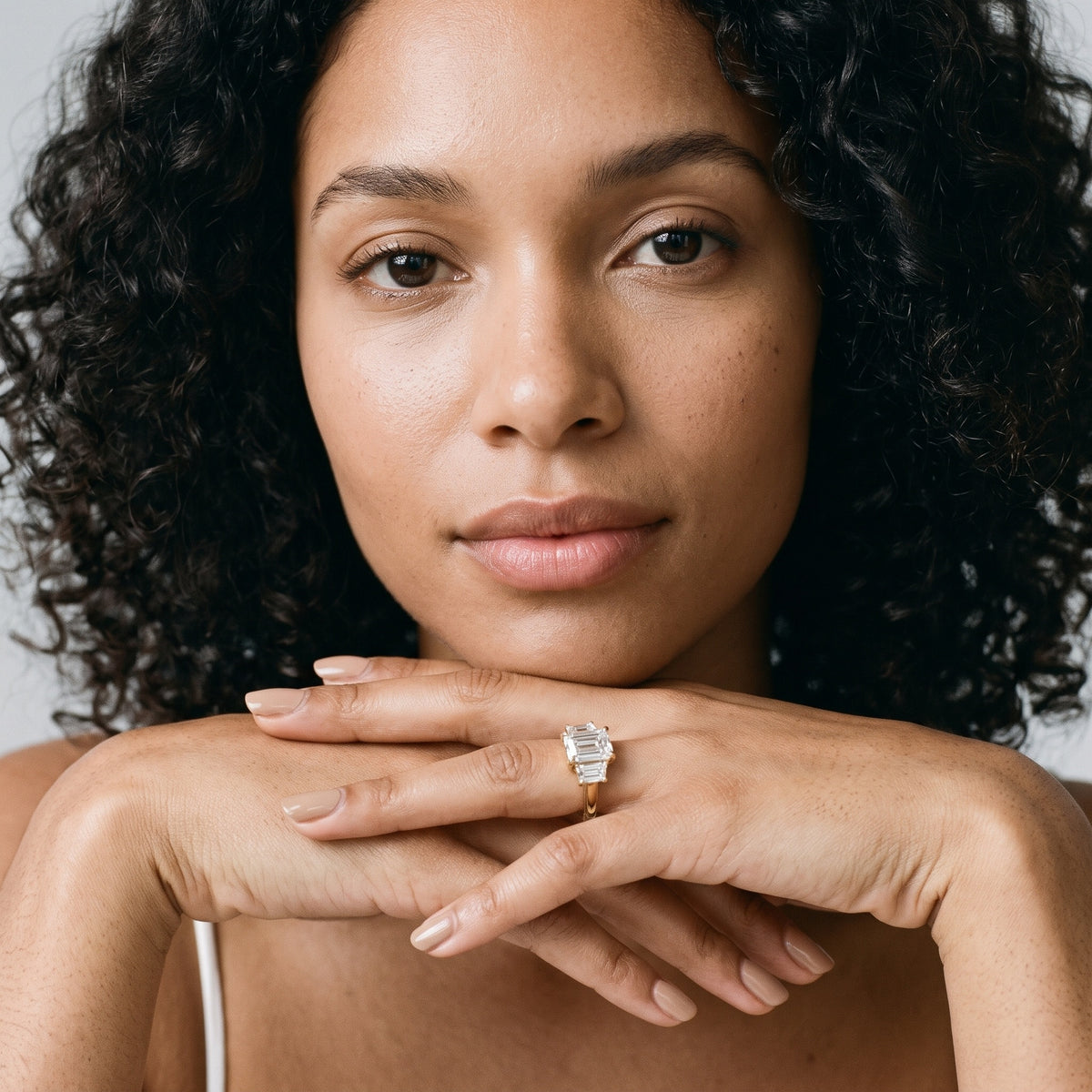 Filippa Trapezoid Three-Stone Emerald Diamond Engagement Ring in White Gold - model.jpg