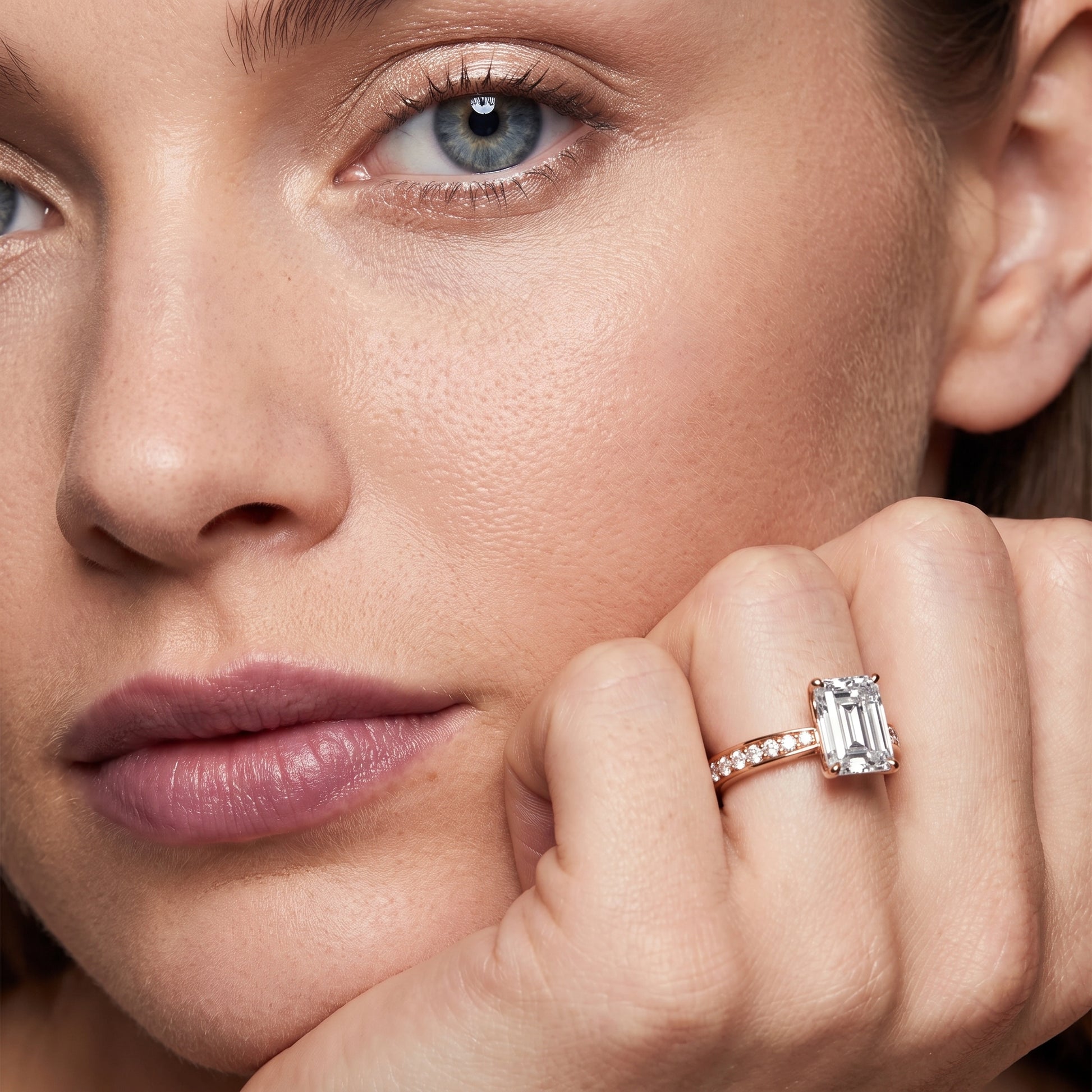 Rhea Sidestone Pavé Emerald Diamond Engagement Ring in Rose Gold - model.jpg