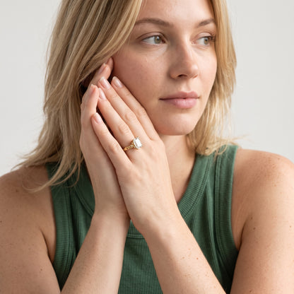 Verena Engraved Leaf Emerald Diamond Engagement Ring in Rose Gold - model.jpg