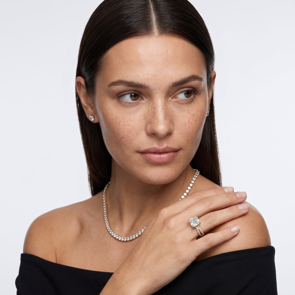 Ottilie Split Shank Pavé Asscher Diamond Engagement Ring in Platinum - model.jpg