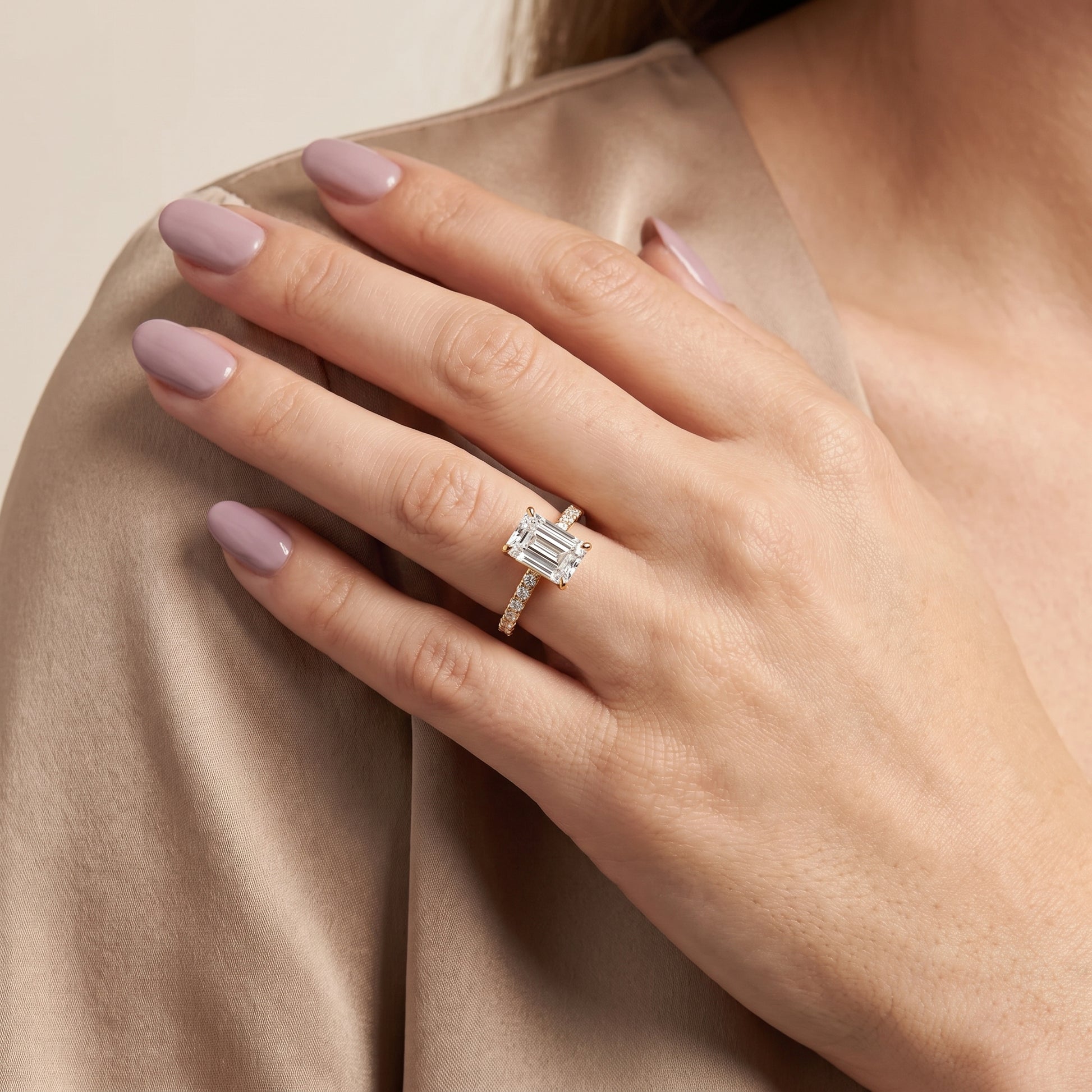 Aisha Pavé Solitaire Emerald Diamond Engagement Ring in Yellow Gold - model.jpg