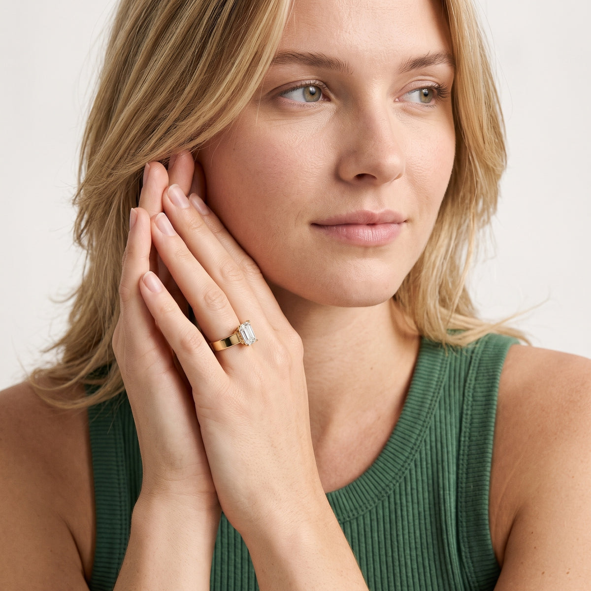 Bristol Trellis Solitaire Emerald Diamond Engagement Ring in Platinum - model.jpg