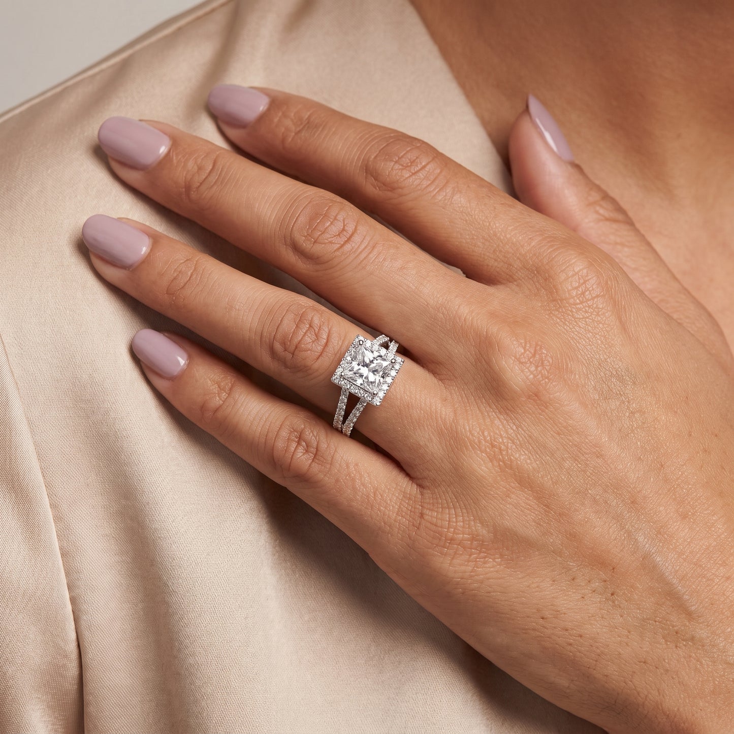 Kira Halo Split Shank Princess Diamond Engagement Ring in Platinum - model.jpg