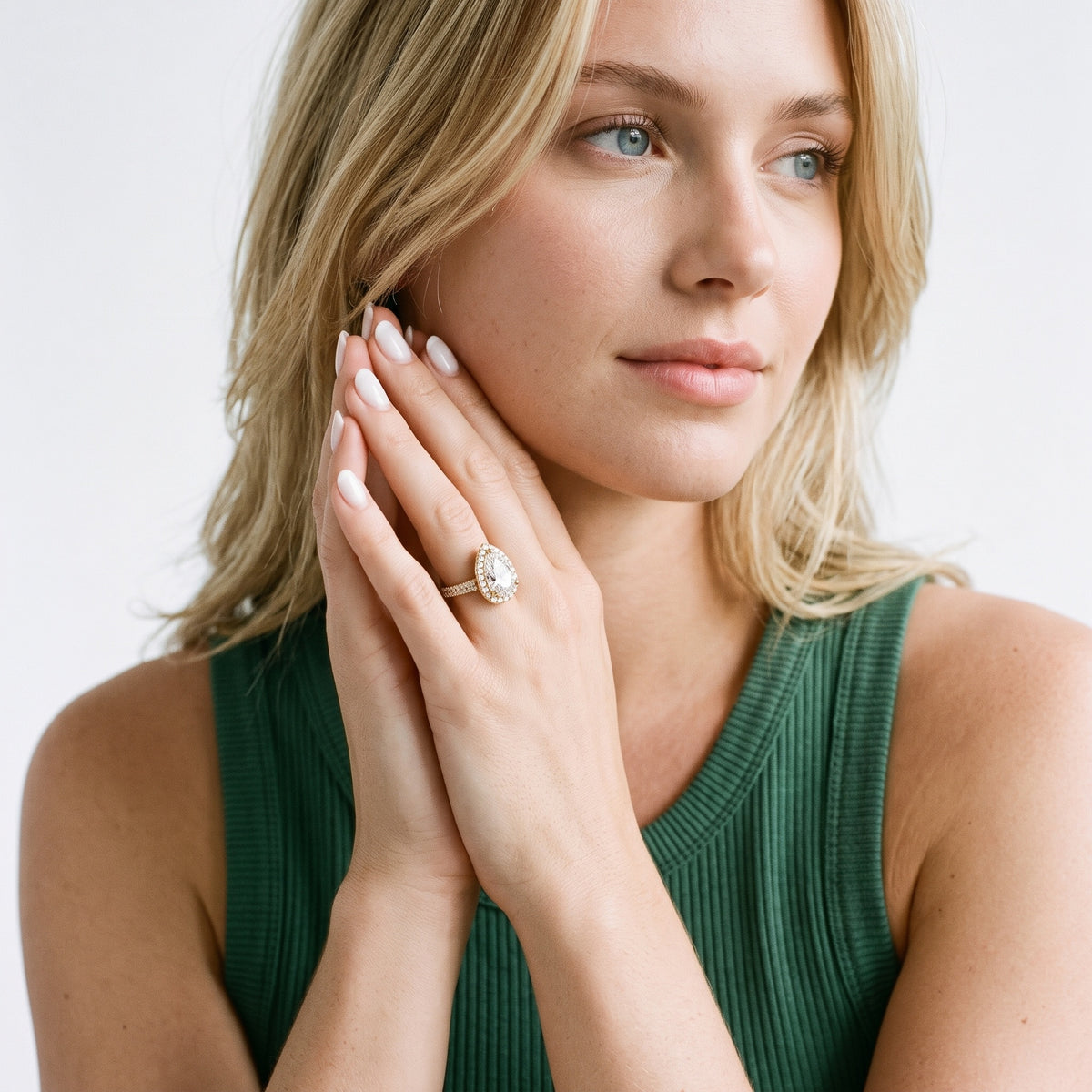 Fallon Halo Micropavé Pear Diamond Engagement Ring in Silver - model.jpg