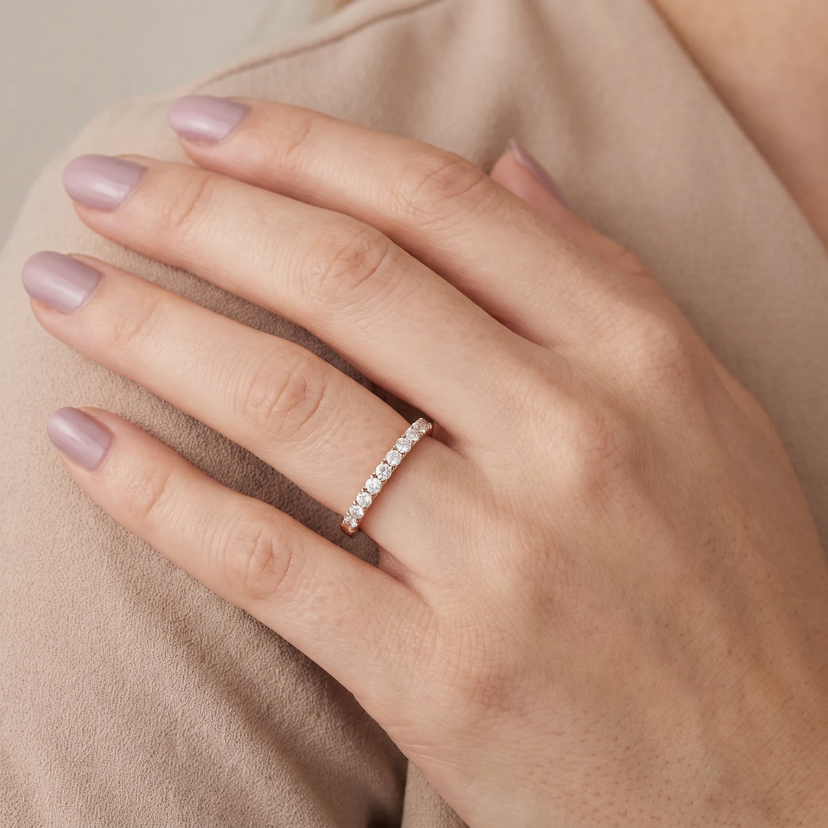 Poppy Micropavé Round Diamond Half Eternity Band in Rose Gold - model.jpg